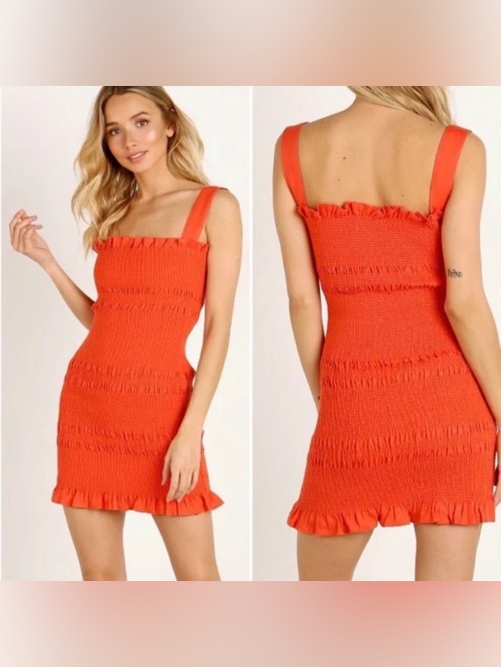 Revolve Capulet Viviane Smocked Linen Mini Bodycon Dress Orange Ruffle L Summer